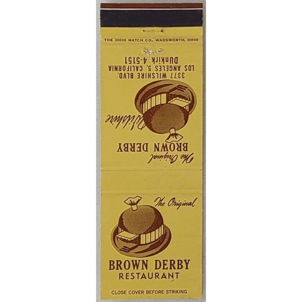 Front Strike Matchbook Cover Brown Derby Restaurant Los Angeles CA California